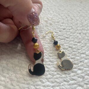 Darling ENAMEL KITTY CHARMS with GOLD FILIGREE Handmade Dangle Earrings #108E